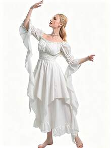 Off Shoulder Asymmetrical Sleeve Ruffle Trim Dress Elegant Spring - Beige - View 6