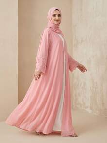 Hafizah Chiffon Solid Color Abaya Cardigan Robe, Middle Eastern Style, Dubai Arabic Women Outerwear - Pink - View 3