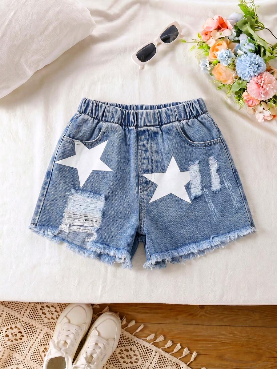 1pc Girls' Denim Shorts, Outdoor Daily Fashion Street Style Cool Retro Versatile Star Distressed Brushed Denim Hot Pants - Medium Wash - View 1