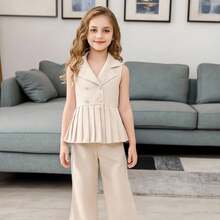 Girls' Elegant Sleeveless Collared Top And Solid Color Pants 2 Pieces Set, Suitable For Formal Occasions And Celebrations - Apricot - View 8