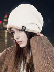 1pc Autumn/Winter Slouchy Beanie, Double Rolled Edge Knitted Hat, Stylish Pullover Cap, Early Autumn Fashion Versatile Face-Slimming Knit Hat - Multicolor - View 6