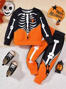 Kostum Halloween Anak Laki-Laki, Atasan Lengan Panjang Motif Tengkorak Warna-warni + Celana 2 Potong - MultiWarna - View 1