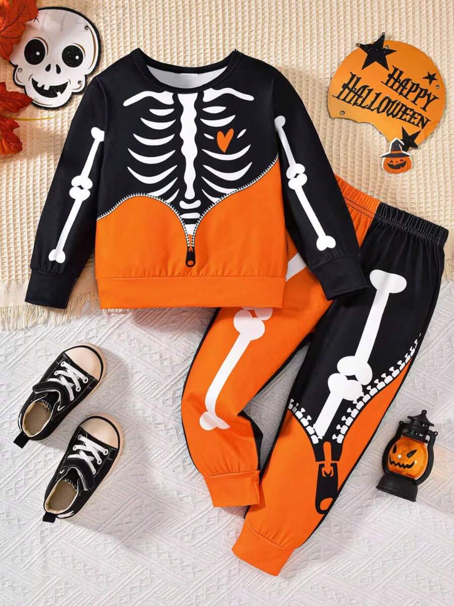 Kostum Halloween Anak Laki-Laki, Atasan Lengan Panjang Motif Tengkorak Warna-warni + Celana 2 Potong - MultiWarna - View 1