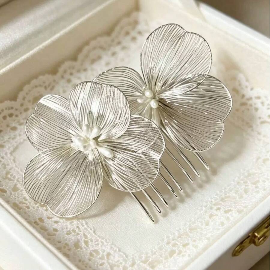 1 pièce Peigne à cheveux nœud argenté pour mariée et demoiselle d'honneur, accessoire capillaire fait main pour mariage et Saint-Valentin - Multicolore - Voir 1