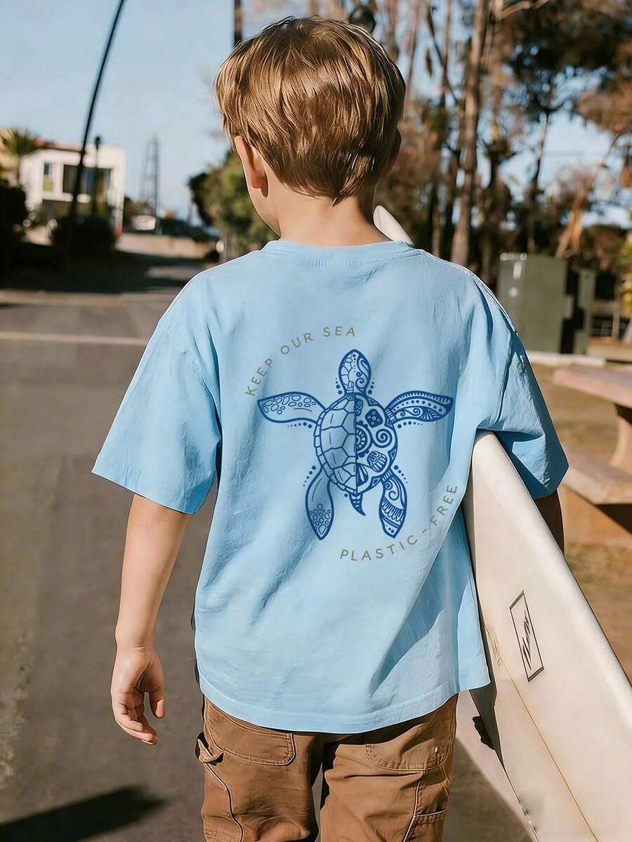 Tween Boy Casual Fun Print Crew Neck Pullover Short Sleeve T-Shirt Summer Top - Baby Blue - View 1