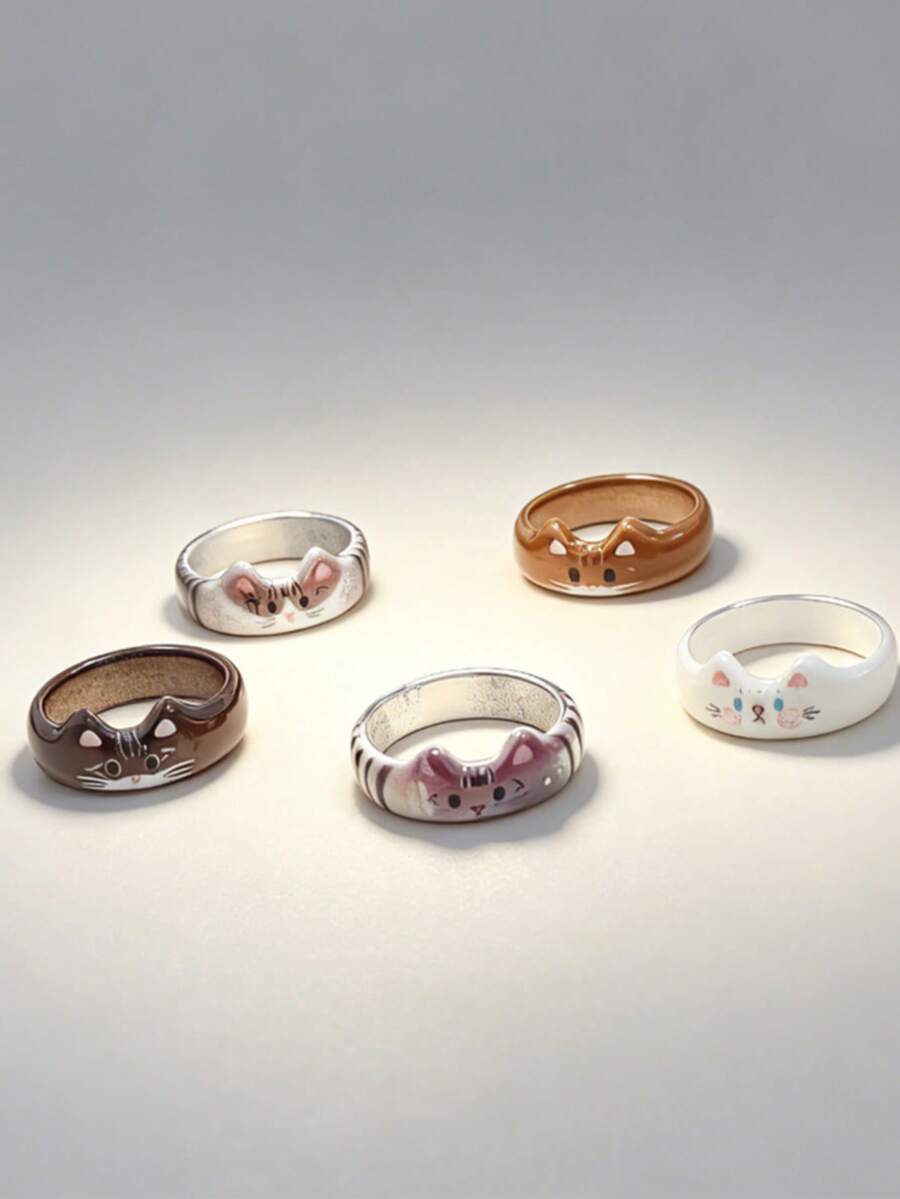 Juego de Anillos 3D Multicolor con Gatos Lindos, Adecuado para Mujeres, Decoración de Capas Diaria, Regalo para la Mejor Amiga - Anillo de gatito colorido - Ver 1