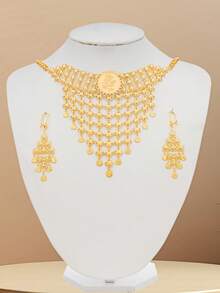 3pcs/Set Retro Coin, Tassel, Geometric & Rose Flower Pattern Charm, 18K Gold Plated, European & American Dubai Style Necklace + Earrings, Elegant Wedding Bridal Jewelry Gift Set For Mom, Sister, Valentine's Day Valentines,Mom,Mother,Mother's Day,Gift - Gold - View 10