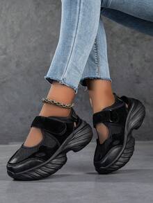 Women's Summer Mesh Breathable Hook And Loop Dad Sandals, Wedge Platform Thick Sole Sports Shoes - Black - View 1