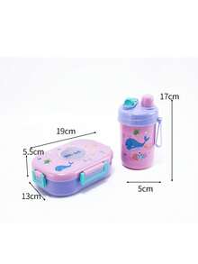 1 Set Bento Lunch Box With Water Bottle 3 Assorted Cartoon Patterns, Cute Dinosaur Astronaut Ocean Print Rectangular Transparent Window Leakproof Lock Clips Portable Handle Food Storage Container For Picnic Back To School Daily Use - Multicolor - View 7