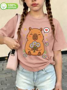 Tween女孩夏季系列：100%純棉女童落肩短袖T恤，特色客製化趣味可愛水豚印花設計 - 粉色 - 查看 2