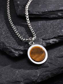 1pc Minimalist Round Tiger Eye Stone Colorful Pendant Necklace For Men Daily Wear, Jewelry Accessory - Multicolor - View 1