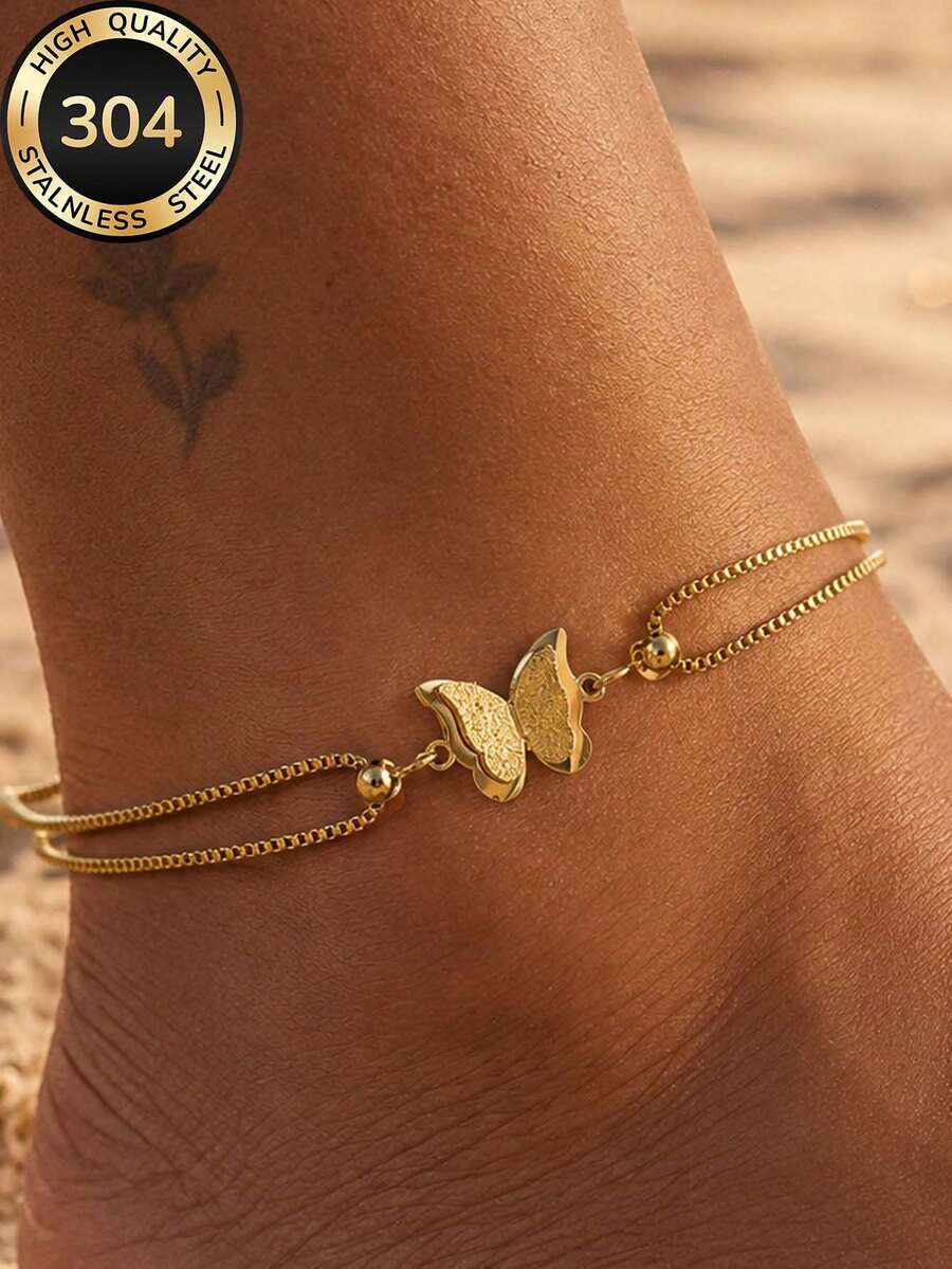 1pc 18K Gold Plated Women's Delicate 3D Butterfly Double Layer Anklet, 304 Stainless Steel, Waterproof, Fade-Resistant, Suitable For Summer Outfits, Beach Vacations, Pool Parties And Daily Wear, Anniversary, Christmas, Holiday Gifts - Anklet - View 1