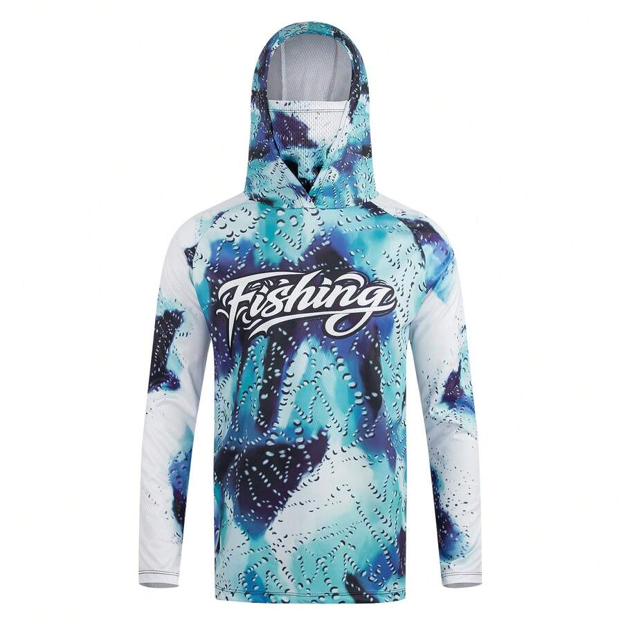 Men's Blue Printed Hooded Fishing Shirt With Face Mask, Long Sleeve Sun Protection Top Sports Fall - Cadet Blue - View 1