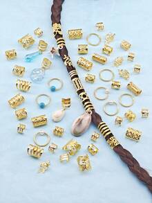 220pcs Ocean Style Hair Rings, Includes Gold Starfish, Seashell, Shell And White Pearl, Multiple Shapes, Summer Adjustable Braiding Hair Accessories - Gold - View 6