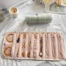 1pc Tweed Portable Jewelry Roll Travel Foldable Necklace & Earring Storage Bag Multi-Layer Jewelry Organizer Suitable As Birthday Gift - Multicolor - View 11