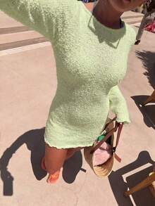 HoloChill Women's Young Influencer Casual Style Solid Color Sexy Dress, Women's Sexy Casual White Knit Slim Fit Long Sleeve Mini Dress, Back Bow Design, Summer Casual 2026 New High Elasticity Dress, Women's Summer Dress Women's Beach Dress Beach Vacation Outfit Casual Fall Dress, Back To School - Green - View 6
