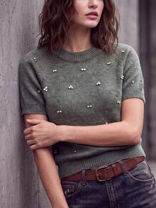 Women's Solid Color Rhinestone Decor French Elegant Minimalist Knit Short Sleeve Top, Suitable For Daily Casual, Date, Party Wear - Grey - View 4