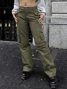 Pantalones cargo anchos holgados sin elasticidad para mujer de cintura media holgados de cintura media estilo urbano versátiles todas las estaciones - Verde militar - Ver 2