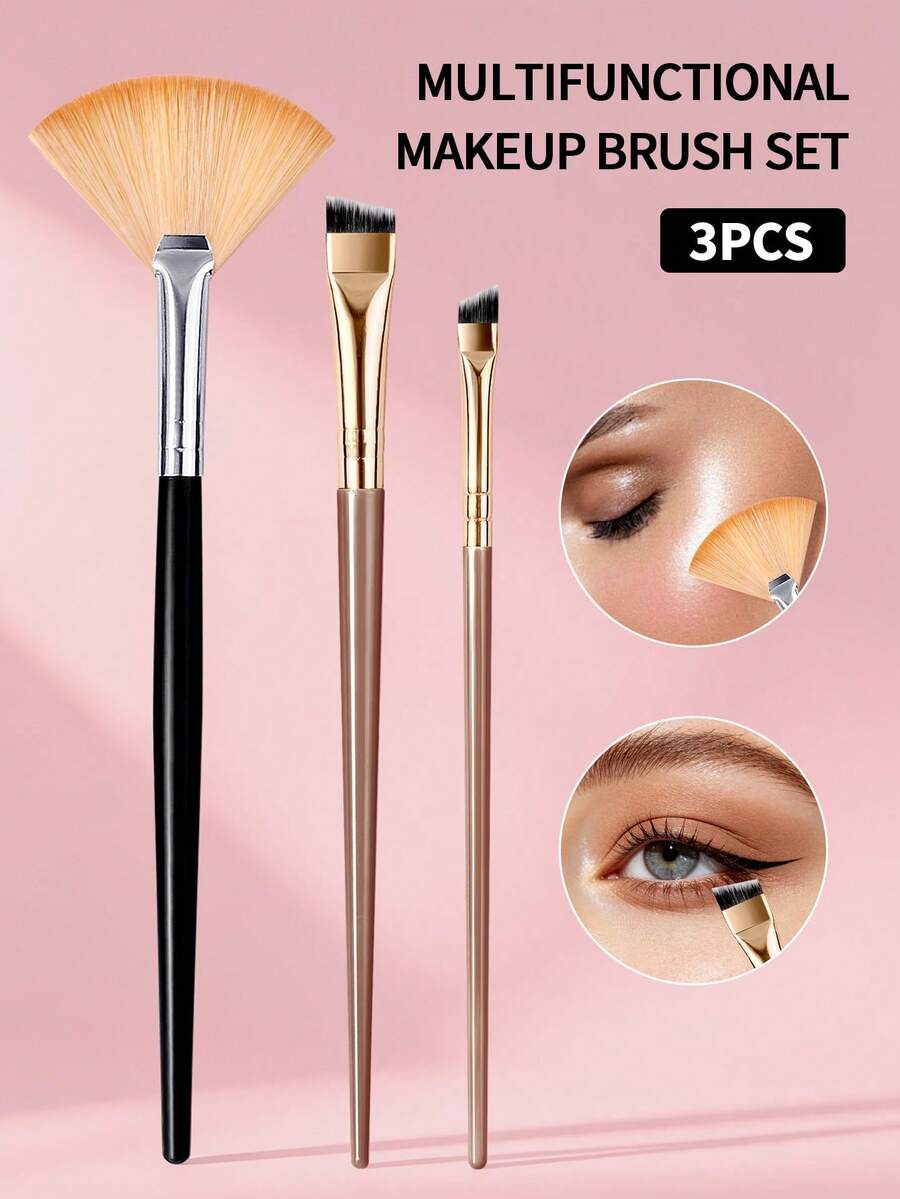 3pcs Makeup Brush Set Including Fan-Shaped Highlighter Brush, Eyebrow Brush, Eyeliner Brush, Soft Bristles, Portable Professional Facial Makeup Brushes, Full Makeup Brush Set, Beauty Tool Set