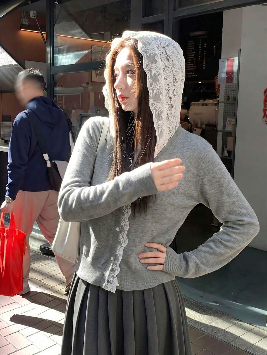 秋冬新款韓式甜美休閒蕾絲連帽針織開襟外套女款,溫柔顯年輕灰色開襟毛衣,日常百搭秋季外穿 - 灰色 - 查看 1