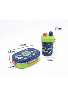 1 Set Bento Lunch Box With Water Bottle 3 Assorted Cartoon Patterns, Cute Dinosaur Astronaut Ocean Print Rectangular Transparent Window Leakproof Lock Clips Portable Handle Food Storage Container For Picnic Back To School Daily Use - Multicolor - View 12