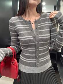 Autumn/Winter 2 In 1 Colorblock Striped Button Design Slim Fit Flattering Sweater - Grey Stripes - View 5