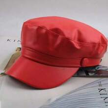 1pc Women's Red PU Flat Cap Newsboy Hat, European And American Sweet & Spicy Girl Style, Suitable For Party, Performance, Shopping And Photography - Solid Color - View 2
