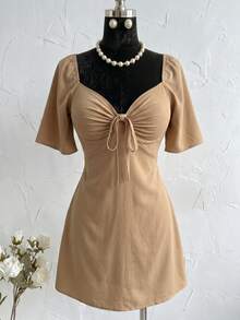 Plus Size Short Princess Dress, Loose Fit, With Gathered Neckline And Short Sleeves, Elegant, Sizes 46 To 56 - Beige - View 2