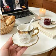 6 Sets/1 Set 90ml Ceramic Coffee/Tea Cups/Mugs With 3D Floral Design, With Tray, Perfect For Afternoon Tea; Suitable For Espresso; Ideal For Restaurant, Kitchen, Afternoon Tea, Outdoor Activities, Office And Back To School Season; Also Great Gift For Mother's Day, Graduation, Teacher's Day, Father's Day And Valentine's Day. - Multicolor - View 7