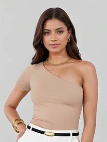 Blusa Feminina Mula Manca Um Ombro Só Suplex Premium Não Transparente com Forro  Poliéster    Assimétrico    BLUSA MULA MANCA SUPLEX  Diário  Noite  Feriado  Férias  Casa    VERÃO - Bege - Visão 2