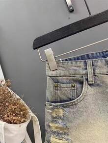 Summer Vintage High Waisted Distressed Denim Shorts Women Retro Y2K Spicy Girl Slimming A-Line Raw Hem Hot Pants Casual Beach Party Streetwear - 深藍色 - 查看 2