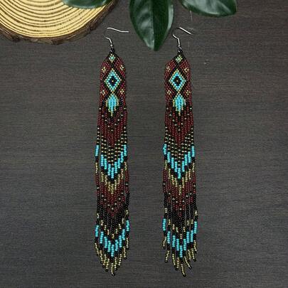 AHAYA Handmade Long Tassel Beaded Earrings With Seed Beads, Colorful Beaded Vintage Jewelry, Fashion Earrings For Women, Suitable For Daily Wear, Festivals, Parties, Gift