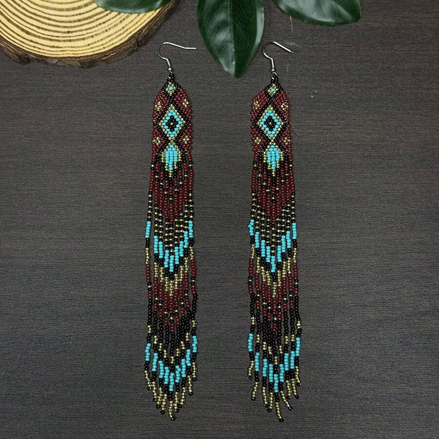 AHAYA Pendientes de borla larga hechos a mano con cuentas de semilla, joyería vintage de cuentas de colores, pendientes de moda para mujeres, adecuados para uso diario, festivales, fiestas, regalo