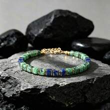 4mm Cube Lapis Lazuli & Jasper Beaded Bracelet, Metal Clasp Closure, Unisex Stone Bracelet - Multicolor - View 6