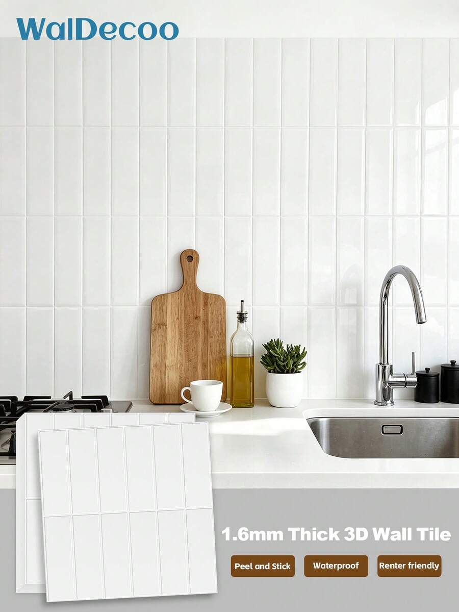 WalDecoo 4PCS/10PCS/20PCS Pure White Long Rectangular Tile Stickers - Peel And Stick Backsplash, Waterproof & Oilproof, Removable 3D Self-Adhesive Wall Decals For Kitchen Bathroom, Rental Friendly, Easy To Cut & Install - VP573 White - View 1