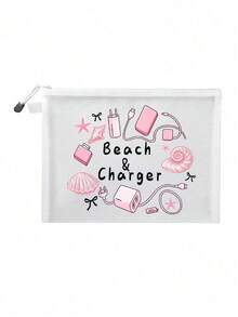 網格拉鍊收納包，印有「Beach Charger」字母圖案，多功能便攜收納包，數位收納包，化妝包，保養品收納包，旅行盥洗包必需品，宿舍用品，婚禮新娘禮物，母親節禮物，生日禮物，朋友與老師禮物，浴室收納，珠寶收納，口紅化妝收納包，度假旅行必需品，教師節禮物，戶外露營必需品，開學禮物 - 彩色 - 查看 17