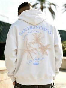 Men's American Vintage Skull Longboard Surf Print Hoodie, LONG BOARD Wave & Palm Tree English Slogan, White Loose Drop Shoulder Hoodie - White - View 3