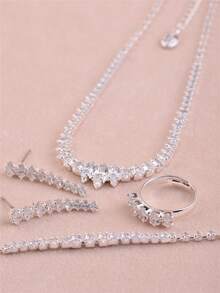 CORUIXI 1 Set Exquisite Compact Diamond Jewelry Set For Women, Shiny Zirconia + Rhinestone Necklace, Earrings, Bracelet, Ring, 4-Piece Elegant Accessories Suitable For Festivals And Daily Wear - Silver - View 5
