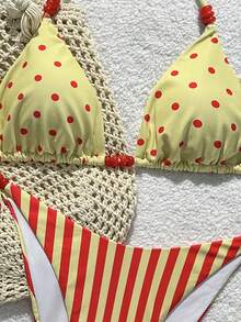 Conjunto de bikini elegante con cuello halter y lazo para mujer, traje de baño de dos piezas a la moda con lunares rojos y rayas, Bottom de baño con lazos laterales para vacaciones, playa y verano - Multicolor - Ver 5
