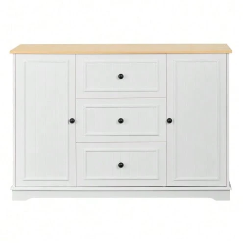 Modern, Elegant Sideboard With 3 Drawers And Refrigerator-Like Doors, Buffet Cabinet For Dining Room, Living Room And Hallway (White) - White - View 1