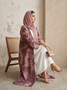 Hafizah 女款穆斯林端莊時尚雪紡印花兩件套含希賈布，夏季休閒外套 - 紅色 - 查看 3