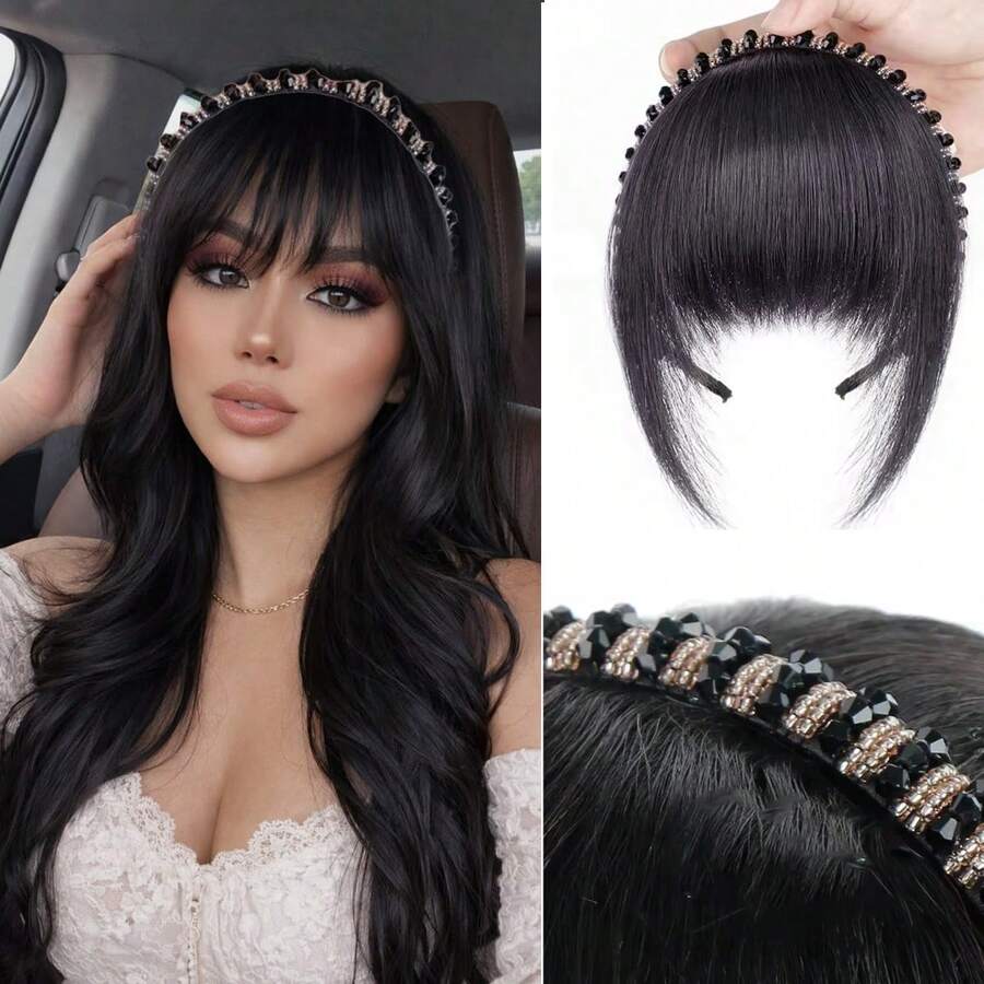 Ekstensi Rambut Bando Rhinestone dengan Poni untuk Wanita, Penutup Rambut Lurus Sintetis, Bando Berkilau dengan Poni, Aksesori Rambut Mudah Dipakai untuk Sehari-hari & Pesta - MultiWarna - View 1