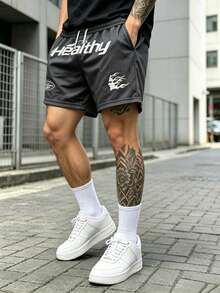 Pantalones cortos de playa para hombres con malla transpirable y estampado gráfico de letras - Gris Oscuro - Ver 1