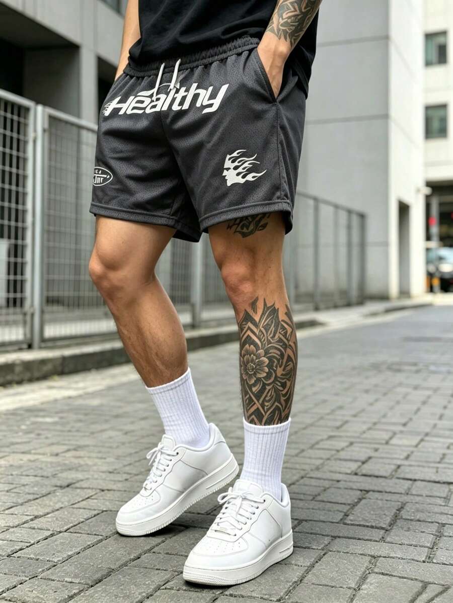Pantalones cortos de playa para hombres con malla transpirable y estampado gráfico de letras - Gris Oscuro - Ver 1