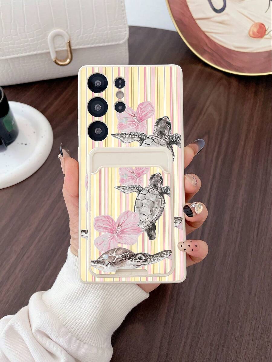 #Pure Android Series# 1pc White TPU Warm Yellow Thin Stripe Floral Turtle Pattern Card Slot 2-In-1 Card Holder Phone Case, Fashionable Personalized Versatile, Full Coverage Protection Dustproof Waterproof Soft Shell Suitable For Versatile Phone Case/Card Holder Phone Case/Interesting Phone Case/Android Phone Case/ Phone Case/ Phone Case/ Phone Case/Suitable For Galaxy/Galaxy S26 S25 S24 S23 S22 S21 S20 Plus Ultra FE Case/Galaxy A56 A55 A54 4G 5G Case - Multicolor - View 1