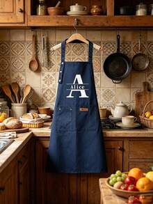 1pc Customizable Name Apron - Durable And Comfortable Neutral Kitchen Workwear, Easy To Care For, Practical Design With Pockets And Adjustable Shoulder Straps, Suitable For Cooking Enthusiasts - Multicolor - View 4