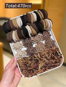 470pcs Women's Brown Tone Hair Accessories Set, Includes Large Hair Ties, Disposable Rubber Bands, Star Hair Clips, Meets Daily Hairstyle Needs, Women's Hair Accessories. Suitable For Daily Casual Use. - Multicolor - View 4