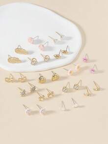 30 Pairs Women's Fashion Stud Earrings Set, Cute Flower, Heart, Rhinestone, Water Drop, Bow, Minimalist Geometric Multi-Style Earrings Combination, Suitable As Gift For Friends, Holiday, Daily Casual Wear - Multicolor - View 3