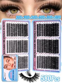 MEM 580pcs D-Roll DIY False Eyelash Clusters, D-Roll Eyelash Clusters, D-Roll 10-18mm Mixed Natural Eyelash Extensions, Super Dense Long Eyelash Clusters, Curled Single Eyelashes, Cartoon Effect Eyelashes, Suitable For Beginners To Use At Home - D - View 9