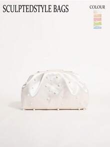SCULPTEDSTYLE BAGS 1件珍珠白緞面軟雲朵手拿包女款，奢華珍珠裝飾串珠百褶手提包，輕奢晚宴包，附鏈條背帶正式禮服包，適合舞會、晚宴、盛會 - Pearl White - 查看 10